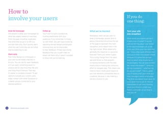 1716 thisiszone.com/public-zone
Follow up
You’ll start to build a productive,
trusting relationship with your
audiences if you remember to follow
up with them. You get major kudos by
reposting revised designs/prototypes
showing how you’ve responded
to their feedback. If there was strong
feedback that you couldn’t take on
board, tell them why it wasn’t included
to show that you’re listening.
Draw the homepage
Ask people to draw your homepage (or
other key pages) based on how they
think the page should be organised.
See what they’ve put in or left out,
and ask them why. You’ll quickly learn
what the user’s priorities are and what
they’re expecting to see.
Share early
Post initial designs or prototypes in
your own social media channels or
forums. You can ask for open feedback,
or if you want something easier to
analyse ask for one thing they like and
one thing they’d improve. That way
it’s easier to compare answers. To get
opinions outside your current users,
make contact with other Facebook or
Linkedin groups connected to your
desired audience.
What we’ve learned:
Nowadays, when we get users to
draw a homepage, people tend to
place a horizontal line across the top
of the page to represent the main
navigation, and a search box in the
top right corner. When asked why,
generally the response is a quizzical
look and “that’s just where it goes”.
This is a big change from five years
ago and shows us that people’s
increasing familiarity with the web
means they’re making less conscious
effort to navigate sites. This means you
need to have a really good reason to
put core elements somewhere else on
a website, because it risks making a
site less intuitive to use.
How to
involve your users
Turn your site
into breakfast
What would your brand look like if
it were a box of cereal? It sounds
daft but thinking about your brand
in this way encourages you to see
what users think your main priorities
are – this is often quite different from
what you’d think. Give people a blank
template of a cereal box and get
them to sketch what should be on
the packaging. You can give prompts
like “what’s the slogan?”, “what are
the top ingredients”, “what free toy
do you get inside?”. This is a great
way of seeing what users think your
main message is and in what areas
they think you deliver most value. It’s
also a great tool to use on internal
stakeholders to get them thinking
about your brand in a fresh way.
There’s a template on our blog to
start you off.
If you do
one thing:
 