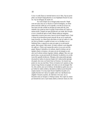22
îi zice: tu măi Zauca şi murind naravu nu ţi-i lăsa. Aşa au şezut
pînă s-au liniştit împuşcăturile şi s-au împrăştiat fiecare la casa
lor. Aşa să strîngiau de multe ori.
Au venit timpul să se retragă iarăşi moscalii. După
cum am spus mai sus ce faciau ei cînd să retrăgiau, au intrat
patru moscali calări pe cai în ogradă, s-au dat jos de pe cai,
unu tinia caii dar ceilalţi au început să caute prin hîj, prin
studolă şi pe urmă au mers în grajd. Eram numai noi copiii cu
mama acasă. Timpul era spre primăvară, era omăt, dar să topia
şi era o cioarfă de apă cu omăt. Mama şedia pe marginia
cuptorului şi torcia asia cum e lucru la sat în timpul iernii. Cînd
a văzut că au descalicat aceşti moscali de pe cai şi caută prin
toate locurile, ia a lăsat furca din brău şi a eşit să vadă ce-i, dar
de frică şi fiindcă s-a grăbit să iasă, nu s-a încălţat, nu s-a
îmbrăcat bine, a apucat un cojoc pe spate şi cu picioarele
goale, fără cununi, fără nimic, în nişte ciubote a eşit degrabă
să vadă ce-i. Pînă a eşit mama din casă şi ei au scos caii din
grajd. Mama îi întriabă ce le trebuie, dacă le trebuie caii să
aştepte oliacă, că mama o să caute un om să miargă cu caii,
căci caii la drum trebuie îngrijiţi, hrăniţi, adăpaţi. Dar caii, aşa
parcă ştiau, au pus picioarele de dinainte în pămînt şi nu să da
scoşi din ogradă nicidecum. Mergiau cîţiva paşi pînă aproape
de poartă şi iarăşi să smuciau înapoi de îi aducia pînă aproape
de grajd, căci erau cai foarte buni şi frumoşi. Au muncit aşa
poate un cias sau mai bine. Noroc că mama nu le spunia cu rău,
numa îi ruga frumos să aştepte să le deie un om să miargă. Dar
lor, din contră, asta nu le trebuia. Şi deodată au grăit unu ceva
pe limba lor cătră ceilalţi şi deodată au rădicat aceia biciurile
asupra mamei. Ei aviau nişte biciuri împlitite de piele şi la
capătu biciului trei viţă şi la capătu celor trei viţă făcute trei
măgălii vînoasă ca piatra, de mărimia a trei nuci. Şi cu
biciurile estia au început s-o bată pe mama. Noi copiii ne uitam
pe feriastră de cum a ieşit mama afară şi cînd am văzut că o bat
 