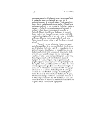 130 20 de ani în Siberia
muncia cu «parosele». Cînd a venit iarna, l-au trimis pe Vasile
la învăţat, într-un orăşel, Salihard, la vro trei sute de
chilometri depărtare de locul unde trăiam. Primăvara s-a întors
înapoi şi peste vară a lucrat căpitan pe «cacher». Mitruţă lucra
căpitan pe «cacherul» cu care pescuia, iar Vasile lucra căpitan la
transport. «Cacherul» cu care căra peştele de la pescari, de
multe ori trebuia să ducă butoaie cu peşte sărat pînă la
Salihard, altă dată şi mai departe, dacă nu era alt transport,
înapoi trăgia pe apă plute de lemn. Aşa-i era lucru lui, îmbla
sute de chilometri pe apă. Tot în vara ceia l-a luat pe fratele lui,
pe Toader, să lucreze «matroz» pe «cacherul» unde lucra
Vasile. Lucrau de acuma toţi trei pe apă. Am rămas cu singură
pe mal.
Vremurile s-au mai schimbat şi viaţa s-a mai uşurat
puţin. Principalul era că nu mai eram flămînzi, pîne de acuma
era cît îţi trebuia, cînd veniau copiii de pe mare aduciau cîte un
peşte, cît mai gras şi mai frumos, cu toate că tot nu era voie,
dară ei erau lucrători vechi, lucrau cinstit şi nu să uitau rău în
urma lor. Aşa a lucrat doi ani, cel mai mic «matroz» pe
«cacher», pe urmă a lucrat şi el ajutor de căpitan. Lucrau bine,
bani cîştigau, şi-au făcut de îmbrăcat oliacă. Eu acasă
îngrijiam de văcuţă, strîngiam «iagăde» pentru iama, la
pregătiam pe cînd veniau aieşti doi cu transportu de peşte, să
fie «iagăde» strînse, să aibă cu ce îşi răcori suflau, căci veniau
osteniţi de pe valurile apei. Şi cu toate că de acuma era pîne de
ajuns, dară cît puteai mînca numai de acelaşi fel, pîne şi peşte,
alta nu aviai cu ce schimba. Faţă de timpurile de la început,
socotiam că e bine. Cînd eşti tot timpul flămînd te gîndiai
numai să ai cu-ce îţi sătura sufletu, dar dacă era pîne de ajuns,
totuşi mai ceri a corpul şi altă ceva. De aceea mă străduiam să
le strîng «iagăde» de ajuns, căci atîta fructă era pe acolo. Cînd
veniau de pe mare nu întrebau de altă mîncare, numai dacă sînt
«iagăde» strînse. Mîncau acasă, le pregătiam
 