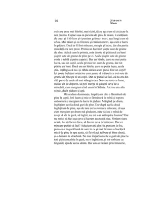 76 20 de ani în
Siberia
cei care erau mai bătrîni, mai slabi, tăiau aşa cum să zicia pe la
noi praştiu. Copaci aşa ca picioru de gros. Ii tăiam, îi curăţiam
de craci şi îi tîrîiam şi-i puniam grămezi mari, aşa lungi cum să
aflau. Mai tăiam şi cu firesteu şi clădiam metri, aşa cum e lucru
în pădure. Dacă ar fi fost mîncare, mergia şi lucru, dar din partia
mincării era tare prost. Primia un lucrător şiapte sute de grame
de pîne. Adică cum le primia, avia dreptu să plătiască cu bani
şiapte sute de grame de pîne pe zi. Acele şiapte sute de grame
costa o rublă şi patru capeici. Dar un bătrîn, care nu mai putia
lucra, sau un copil, acela primia trei sute de grame, dar tot
plătite cu bani. Dacă era un bătrîn, care nu putia lucra, acela
ştia, înţălegia că nu-i şi răbda săracu cum putia. Dar un copil?
Işi poate închipui orişicine cum poate să trăiască cu trei sute de
grame de pîne pe zi un copil. Dar ce putiai să faci, că nu era din
altă parte de unde să mai adaugi ceva. Nu erau sate cu lume,
măcar cît de departe, să poti merge să găseşti ceva de-a
mîncării, cum mergiam cînd eram în Sibiria. Aici nu era alta
nimic, decît pădure şi apă.
Mă sculam demineaţa, împărţiam cîtc o fărmătură de
pîne la copii, îmi luam şi mie o fărmătură în mînă şi toporu
subsuoară şi mergiam la lucru în pădure. Mărgînd pe drum,
înghiţiam acelia două guri de pîne. Dar după acelia două
înghiţituri de pîne, aşa de tare ceria stomacu mîncare, că aşa
cum mergiam pe drum mă gîndeam, oare să iau o mînă de
nisip să vîr în gură, să înghit, nu mi s-ar astîmpăra foamia? Dar
nu putiai să faci aşa ceva şi lucram aşa toată ziua. Veniam siara
acasă, hai să facem focu, să facem ceva de mîncare. Dar ce
mîncare putiai să faci? Aduciam apă din rîu, puniam la foc,
puniam o lingură bună de sare în ea şi mai fărmam o bucăţică
mică de pînc în apa aceia, să fie oliacă tulbure şi bine sărată,
şi-o tumam în strachină. Ne mai împărţiam cîte o gură de pîne la
toţi şi ţiniam pînia în gură, nu o înghiţiam, şi tot sorbiam cu
lingurile apă de aceia sărată. Dar asta o făciam prin întuneric,
 