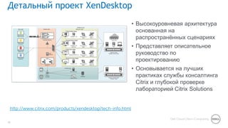 1616
Dell Cloud Client-Computing
16
Детальный проект XenDesktop
16
http://www.citrix.com/products/xendesktop/tech-info.html
• Высокоуровневая архитектура
основанная на
распространѐнных сценариях
• Представляет описательное
руководство по
проектированию
• Основывается на лучших
практиках службы консалтинга
Citrix и глубокой проверке
лабораторией Citrix Solutions
 