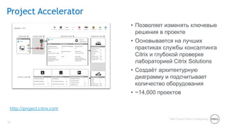 1717
Dell Cloud Client-Computing
17
Project Accelerator
17
http://project.citrix.com
• Позволяет изменять ключевые
решения в проекте
• Основывается на лучших
практиках службы консалтинга
Citrix и глубокой проверке
лабораторией Citrix Solutions
• Создаѐт архитектурную
диаграмму и подсчитывает
количество оборудования
• ~14,000 проектов
 