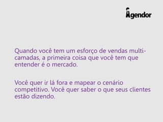 Quando você tem um esforço de vendas multi-
camadas, a primeira coisa que você tem que
entender é o mercado.
Você quer ir lá fora e mapear o cenário
competitivo. Você quer saber o que seus clientes
estão dizendo.
 