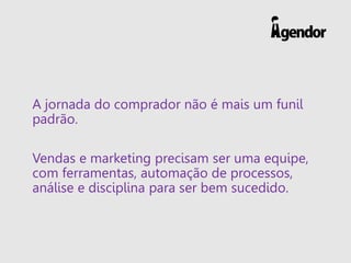 A jornada do comprador não é mais um funil
padrão.
Vendas e marketing precisam ser uma equipe,
com ferramentas, automação de processos,
análise e disciplina para ser bem sucedido.
 