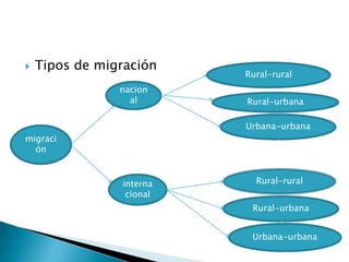 Tipos de migraciónRural-ruralnacionalRural-urbanaUrbana-urbanamigraciónRural-ruralinternacionalRural-urbanaUrbana-urbana
