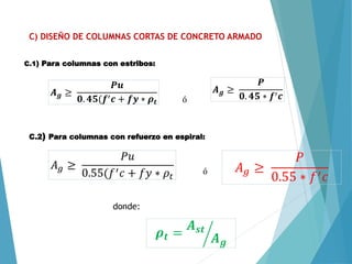C) DISEÑO DE COLUMNAS CORTAS DE CONCRETO ARMADO
C.1) Para columnas con estribos:
𝑨𝒈 ≥
𝑷𝒖
𝟎. 𝟒𝟓(𝒇′𝒄 + 𝒇𝒚 ∗ 𝝆𝒕
𝑨𝒈 ≥
𝑷
𝟎. 𝟒𝟓 ∗ 𝒇′𝒄
ó
C.2) Para columnas con refuerzo en espiral:
𝐴𝑔 ≥
𝑃𝑢
0.55(𝑓′𝑐 + 𝑓𝑦 ∗ 𝜌𝑡
𝐴𝑔 ≥
𝑃
0.55 ∗ 𝑓′𝑐
donde:
𝝆𝒕 =
𝑨𝒔𝒕
𝑨𝒈
ó
 