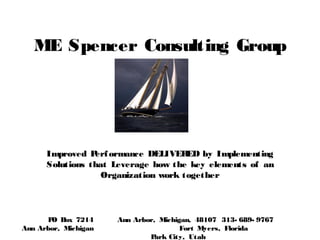 ME Spencer Consulting Group
Improved Performance DELIVERED by Implementing
Solutions that Leverage how the key elements of an
Organization work together
PO Box 7214 Ann Arbor, Michigan, 48107 313- 689- 9767
Ann Arbor, Michigan Fort Myers, Florida
Park City, Utah
 