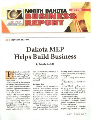 July, 2009 ND Chamber Article, Dakota MEP Helps Build Business