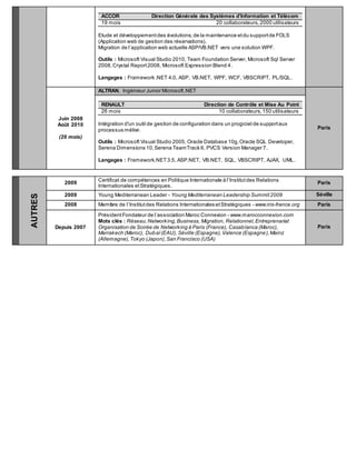 ACCOR Direction Générale des Systèmes d’Information et Télécom
19 mois 20 collaborateurs, 2000 utilisateurs
Etude et développementdes évolutions,de la maintenance etdu supportde FOLS
(Application web de gestion des réservations).
Migration de l’application web actuelle ASP/VB.NET vers une solution WPF.
Outils : Microsoft Visual Studio 2010, Team Foundation Server, Microsoft Sql Server
2008,Crystal Report2008, Microsoft Expression Blend 4.
Langages : Framework .NET 4.0, ASP, VB.NET, WPF, WCF, VBSCRIPT, PL/SQL.
Juin 2008
Août 2010
(26 mois)
ALTRAN, Ingénieur Junior Microsoft.NET
Paris
RENAULT Direction de Contrôle et Mise Au Point
26 mois 10 collaborateurs,150 utilisateurs
Intégration d'un outil de gestion de configuration dans un progiciel de supportaux
processus métier.
Outils : Microsoft Visual Studio 2005, Oracle Database 10g,Oracle SQL Developer,
Serena Dimensions 10,Serena TeamTrack 6, PVCS Version Manager 7.
Langages : Framework.NET3.5, ASP.NET, VB.NET, SQL, VBSCRIPT, AJAX, UML.
AUTRES
2009
Certificat de compétences en Politique Internationale à l’Institutdes Relations
Internationales etStratégiques.
Paris
2009 Young Mediterranean Leader - Young Mediterranean Leadership Summit2009 Séville
2008 Membre de l’Institutdes Relations Internationales etStratégiques - www.iris-france.org Paris
Depuis 2007
PrésidentFondateur de l’association Maroc Connexion - www.marocconnexion.com
Mots clés : Réseau,Networking,Business, Migration, Relationnel,Entreprenariat
Organisation de Soirée de Networking à Paris (France), Casablanca (Maroc),
Marrakech (Maroc), Dubaï(EAU), Séville (Espagne),Valence (Espagne),Mainz
(Allemagne),Tokyo (Japon),San Francisco (USA)
Paris
 
