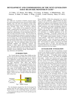 DEVELOPMENT AND COMMISSIONING OF THE NEXT GENERATION
X-RAY BEAM SIZE MONITOR IN CESR *
N.T. Rider, S.T. Barrett, M.G. Billing, J.V.Conway, B. Heltsley, A. Mikhailichenko, D.P.
Peterson, D. Rubin, J.P. Shanks, S. Wang, CLASSE, Cornell University, Ithaca, NY 14853,
U.S.A
Abstract
The CESR Test Accelerator (CESRTA) program targets
the study of beam physics issues relevant to linear collider
damping rings and other low emittance storage rings.
This endeavour requires new instrumentation to study the
beam dynamics along trains of ultra-low emittance
bunches. A key element of the program has been the
design, commissioning and operation of an x-ray beam
size monitor capable, on a turn by turn basis, of collecting
single pass measurements of each individual bunch in a
train over many thousands of turns. The x-ray beam size
monitor development has matured to include the design of
a new instrument which has been permanently integrated
into the storage ring. A new beamline has been designed
and constructed which allows for the extraction of x-rays
from the positron beam using a newly developed electro
magnet pair. This new instrument utilizes custom, high
bandwidth amplifiers and digitization hardware and
firmware to collect signals from a linear InGaAs diode
array. This paper reports on the development of this new
instrument and its integration into storage ring operation
including vacuum component design, electromagnet de-
sign, electronics and capabilities.
INTRODUCTION
The Cornell Electron Storage Ring (CESR) provides
electron and positron beams which are used for accelera-
tor research and as a synchrotron light source. Both of
these applications require diagnostic equipment and in-
strumentation to maintain particle beam and x-ray quality.
The Next Generation x-Ray Beam Size Monitor
(NGXBSM) is part of a suite of instrumentation devel-
oped for this purpose. The NGXBSM is a natural evolu-
tion of the instrument which was developed during the
early stages of the CESRTA program. This instrument
images x-rays from a bending magnet through a pinhole
optical element on to a 32x1 pixel linear array detector.
Figure 1 shows the basic concept of beam size measure-
ment using x-rays.
Fig 1: XBSM Concept
The development program has thus far leveraged the
existing beam line and support structure of the experi-
mental hutches at the Cornell High Energy Synchrotron
Source (CHESS). While this arrangement was conven-
ient, it was also temporary. The instrument was disas-
sembled at the end of every CESRTA run and reinstalled,
aligned and calibrated at the beginning of the next run.
This prevented the use of the instrument during normal
CHESS operations and limited development opportuni-
ties. The instrument provides valuable beam tuning in-
formation and an effort was undertaken to design and
build a permanently installed instrument in CESR. The
new instrument is a simplified application of the first
generation technology. It provides vertical beam size
measurements on a bunch by bunch and turn by turn ba-
sis. The available optical elements include a 35 micron
vertical pinhole, a 200 micron vertical pinhole and an
unlimited opening. These were chosen to support the
typical operating energies of CESR, 2.085 GeV and 5.3
GeV. The instrument is capable of operating with CESR
beam energies down to 1.8 GeV. First generation data
acquisition electronics and software have been utilized to
capture and process the x-ray images.
ACCELERATOR INTEGRATION
In order to reduce the risk to the accelerator vacuum
system, it was decided to pursue a windowed beam line
design with the optical elements and detector outside of
the CESR beam pipe. A beryllium window provides
physical separation between the CESR and NGXBSM
beam pipes. Usable x-ray intensity across the energy
range of the accelerator is maintained by utilizing multi-
ple x-ray sources. At 5.3 GeV an existing hard bend mag-
net is used as the x-ray source. At 2.085 GeV, a new two
pole source magnet has been designed and constructed to
provide the x-ray source. This new magnet is required to
provide sufficient x-ray flux through the beryllium win-
dow at lower CESR beam energies. The spatial require-
ments of the new beam line coupled with the requirement
for the installation of a new source magnet, limited poten-
tial instrument locations in the CESR tunnel. The loca-
tion chosen for this new instrument forced an overall
reduction in length of the x-ray path fromsource to detec-
tor when compared to the first generation instrument.
Since the instrument is effectively a pinhole camera, this
serves to reduce the effective magnification from source
to detector. In order to offset this effect, the detector has
been tilted at a 60 degree angle to functionally reduce the
pixel height and increase resolution. The present configu-
ration has a distance from source to optic of 4.4m or
6.76m, depending on which source is used, and a distance
from optic to detector of 4.4m. Motorized stages are used
to allow for precision alignment of the optical elements
Bending Magnet
Detector
Particle Beam
X-rays
Pinhole
______________________________________________________________________________________________________________________
*Work supportedby NSF grant PHY-0734867 and DOE grant DE-
FC02-08ER41538
 