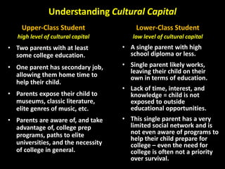 Understanding Cultural Capital
Upper-Class Student
high level of cultural capital
• Two parents with at least
some college education.
• One parent has secondary job,
allowing them home time to
help their child.
• Parents expose their child to
museums, classic literature,
elite genres of music, etc.
• Parents are aware of, and take
advantage of, college prep
programs, paths to elite
universities, and the necessity
of college in general.
Lower-Class Student
low level of cultural capital
• A single parent with high
school diploma or less.
• Single parent likely works,
leaving their child on their
own in terms of education.
• Lack of time, interest, and
knowledge = child is not
exposed to outside
educational opportunities.
• This single parent has a very
limited social network and is
not even aware of programs to
help their child prepare for
college – even the need for
college is often not a priority
over survival.
 