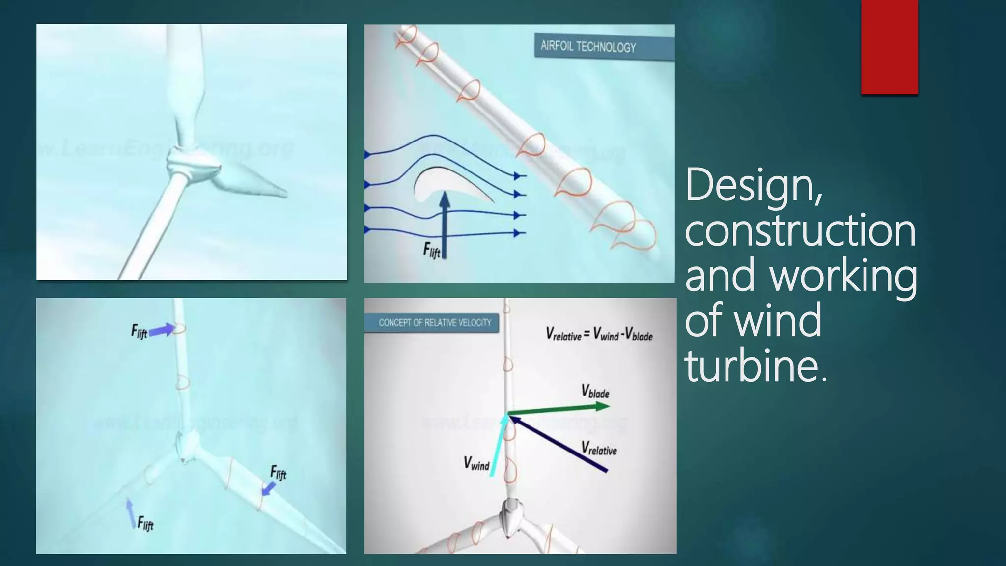 Design,
construction
and working
of wind
turbine.
 