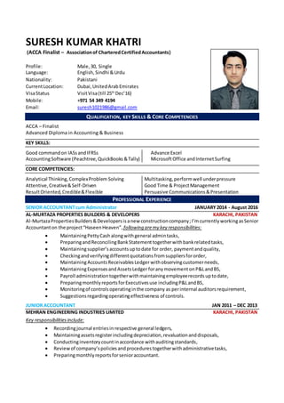 SURESH KUMAR KHATRI
(ACCA Finalist – Associationof CharteredCertifiedAccountants)
Profile: Male, 30, Single
Language: English, Sindhi &Urdu
Nationality: Pakistani
CurrentLocation: Dubai,UnitedArabEmirates
VisaStatus VisitVisa(till 25th
Dec’16)
Mobile: +971 54 349 4194
Email: suresh1021986@gmail.com
QUALIFICATION, KEY SKILLS & CORE COMPETENCIES
ACCA – Finalist
Advanced Diploma in Accounting & Business
KEY SKILLS:
Good commandon IASsandIFRSs
AccountingSoftware (Peachtree,QuickBooks &Tally)
Advance Excel
MicrosoftOffice andInternetSurfing
CORE COMPETENCIES:
Analytical Thinking,ComplexProblem Solving
Attentive,Creative&Self-Driven
ResultOriented,Credible&Flexible
Multitasking,performwell underpressure
Good Time & ProjectManagement
Persuasive Communications&Presentation
PROFESSIONAL EXPERIENCE
SENIOR ACCOUNTANTcum Administrator JANUARY 2014 - August 2016
AL-MURTAZA PROPERTIES BUILDERS & DEVELOPERS KARACHI, PAKISTAN
Al-MurtazaPropertiesBuilders&Developersisanew constructioncompany;I’mcurrentlyworkingasSenior
Accountanton the project“HaseenHeaven”,following aremy key responsibilities:
 MaintainingPettyCash alongwithgeneral admintasks,
 Preparingand ReconcilingBankStatement togetherwithbankrelatedtasks,
 Maintainingsupplier’saccountsuptodate for order, paymentandquality,
 Checkingandverifyingdifferentquotationsfromsuppliersfororder,
 MaintainingAccountsReceivablesLedgerwithobservingcustomerneeds,
 MaintainingExpensesandAssetsLedger foranymovement onP&LandBS,
 Payroll administrationtogetherwithmaintainingemployeerecordsuptodate,
 PreparingmonthlyreportsforExecutivesuse includingP&LandBS,
 Monitoringof controlsoperatinginthe company as perinternal auditorsrequirement,
 Suggestionsregardingoperatingeffectiveness of controls.
JUNIOR ACCOUNTANT JAN 2011 – DEC 2013
MEHRAN ENGINEERING INDUSTRIES LIMITED KARACHI, PAKISTAN
Key responsibilitiesinclude:
 Recordingjournal entriesin respective general ledgers,
 Maintainingassetsregisterincludingdepreciation,revaluationanddisposals,
 Conductinginventorycount inaccordance withauditingstandards,
 Reviewof company’spoliciesandprocedurestogetherwithadministrativetasks,
 Preparingmonthlyreportsforsenioraccountant.
 