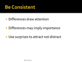 

Differences draw attention



Differences may imply importance



Use surprises to attract not distract

ABC Training

 