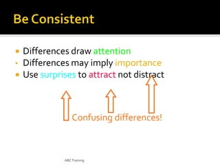 
•


Differences draw attention
Differences may imply importance
Use surprises to attract not distract

Confusing differences!

ABC Training

 