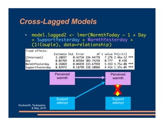 Cross-Lagged Models
• model.lagged2 <- lmer(WarmthToday ~ 1 + Day
+ SupportYesterday + WarmthYesterday +
(1|Couple), data=...
