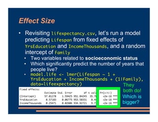 Effect Size
• Revisiting lifexpectancy.csv, let’s run a model
predicting Lifespan from fixed effects of
YrsEducation and I...