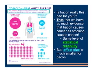 • Is bacon really this
bad for you??
• True that we have
as much evidence
that bacon causes
cancer as smoking
causes cancer!
• Same level of
statistical
reliability
• But, effect size is
much smaller for
bacon
 