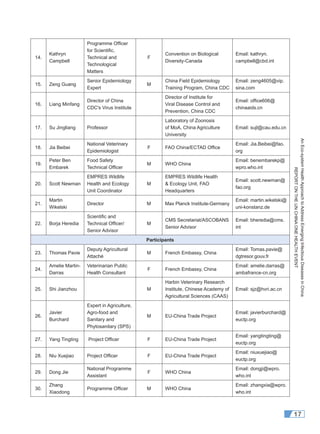 AnEco-systemHealthApproachtoAddressEmergingInfectiousDiseasesinChina
REPORTONTHEUNCHINAONEHEALTHEVENT
17
14.
Kathryn
Campbell
Programme Ofﬁcer
for Scientiﬁc,
Technical and
Technological
Matters
F
Convention on Biological
Diversity-Canada
Email: kathryn.
campbell@cbd.int
15. Zeng Guang
Senior Epidemiology
Expert
M
China Field Epidemiology
Training Program, China CDC
Email: zeng4605@vip.
sina.com
16. Liang Minfang
Director of China
CDC's Virus Institute
Director of Institute for
Viral Disease Control and
Prevention, China CDC
Email: ofﬁce606@
chinaaids.cn
17. Su Jingliang Professor
Laboratory of Zoonosis
of MoA, China Agriculture
University
Email: sujl@cau.edu.cn
18. Jia Beibei
National Veterinary
Epidemiologist
F FAO China/ECTAD Ofﬁce
Email: Jia.Beibei@fao.
org
19.
Peter Ben
Embarek
Food Safety
Technical Ofﬁcer
M WHO China
Email: benembarekp@
wpro.who.int
20. Scott Newman
EMPRES Wildlife
Health and Ecology
Unit Coordinator
M
EMPRES Wildlife Health
& Ecology Unit, FAO
Headquarters
Email: scott.newman@
fao.org
21.
Martin
Wikelski
Director M Max Planck Institute-Germany
Email: martin.wikelski@
uni-konstanz.de
22. Borja Heredia
Scientiﬁc and
Technical Ofﬁcer/
Senior Advisor
M
CMS Secretariat/ASCOBANS
Senior Advisor
Email: bheredia@cms.
int
Participants
23. Thomas Pavie
Deputy Agricultural
Attaché
M French Embassy, China
Email: Tomas.pavie@
dgtresor.gouv.fr
24.
Amelie Martin-
Darras
Veterinarian Public
Health Consultant
F French Embassy, China
Email: amelie.darras@
ambafrance-cn.org
25. Shi Jianzhou M
Harbin Veterinary Research
Institute, Chinese Academy of
Agricultural Sciences (CAAS)
Email: sjz@hvri.ac.cn
26.
Javier
Burchard
Expert in Agriculture,
Agro-food and
Sanitary and
Phytosanitary (SPS)
M EU-China Trade Project
Email: javierburchard@
euctp.org
27. Yang Tingting Project Ofﬁcer F EU-China Trade Project
Email: yangtingting@
euctp.org
28. Niu Xuejiao Project Ofﬁcer F EU-China Trade Project
Email: niuxuejiao@
euctp.org
29. Dong Jie
National Programme
Assistant
F WHO China
Email: dongji@wpro.
who.int
30.
Zhang
Xiaodong
Programme Ofﬁcer M WHO China
Email: zhangxia@wpro.
who.int
 
