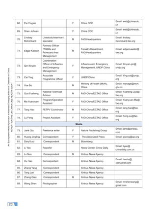 AnEco-systemHealthApproachtoAddressEmergingInfectiousDiseasesinChina
REPORTONTHEUNCHINAONEHEALTHEVENT
20
68. Pei Yingxin F China CDC
Email: web@chinacdc.
cn
69. Shen Jichuan F China CDC
Email: web@chinacdc.
cn
70.
Lindsey
McCirckard
Livestock/veterinary
specialist
M FAO Headquarters
Email: lindsey.
mccrickard.fao.org
71. Edgar Kaeslin
Forestry Ofﬁcer
Wildlife and
Protected Area
Management
M
Forestry Department,
FAO Headquarters
Email: edgar.kaeslin@
fao.org
72. Qin Xinyan
Coordination
Ofﬁcer of Inﬂuenza
and Emergency
Management
F
Inﬂuenza and Emergency
Management, UNDP China
Email: Xinyan.qin@
undp.org
73. Cai Ying
Associate
Programme Ofﬁcer
F UNDP China
Email: Ying.cai@undp.
org
74. Xue Bo M
Ministry of Health (MoH),
China
Email: manage@moh.
gov.cn
75. Guo Fusheng
National Technical
Advisor
M FAO China/ECTAD Ofﬁce
Email: Fusheng.Guo@
fao.org
76. Ma Yuanyuan
Program/Operation
Assistant
F FAO China/ECTAD Ofﬁce
Email: Yuanyuan.Ma@
fao.org
77. Tang Hao FETPV Coordinator M FAO China/ECTAD Ofﬁce
Email: tang.hao@fao.
org
78. Lu Feng Project Assistant F FAO China/ECTAD Ofﬁce
Email: Feng.Lu@fao.
org
Media
79. Jane Qiu Freelance writer F Nature Publishing Group
Email: jane@janeqiu.
com
80. Huang Jingling Correspondent F The Associated Press Email: gwong@ap.org
81. Daryl Loo Correspondent M Bloomberg
82. Li Yao Reporter News Center, China Daily
Email: liyao@
chinadaily.com.cn
83. Lv Nuo Correspondent M Xinhua News Agency
84. Hu Hao Correspondent Xinhua News Agency
Email: haohu@
xinhuanet.com
85. Zhang Yang Correspondent Xinhua News Agency
86. Tong Lan Correspondent Xinhua News Agency
87. Zhang Qiao Correspondent M Xinhua News Agency
88. Wang Shen Photographer Xinhua News Agency
Email: mrshenwang@
gmail.com
 