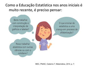 Como a Educação Estatística nos anos iniciais é 
muito recente, é preciso pensar: 
MEC, PNAIC, Caderno 7, Matemática, 2014, p. 7. 
 