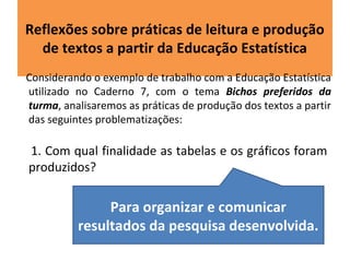 Reflexões sobre práticas de leitura e produção 
de textos a partir da Educação Estatística 
Considerando o exemplo de trabalho com a Educação Estatística 
utilizado no Caderno 7, com o tema Bichos preferidos da 
turma, analisaremos as práticas de produção dos textos a partir 
das seguintes problematizações: 
1. Com qual finalidade as tabelas e os gráficos foram 
produzidos? 
Para organizar e comunicar 
resultados da pesquisa desenvolvida. 
 