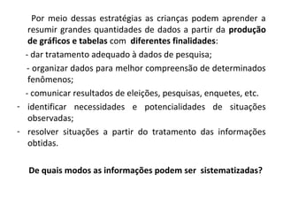 Por meio dessas estratégias as crianças podem aprender a 
resumir grandes quantidades de dados a partir da produção 
de gráficos e tabelas com diferentes finalidades: 
- dar tratamento adequado à dados de pesquisa; 
- organizar dados para melhor compreensão de determinados 
fenômenos; 
- comunicar resultados de eleições, pesquisas, enquetes, etc. 
- identificar necessidades e potencialidades de situações 
observadas; 
- resolver situações a partir do tratamento das informações 
obtidas. 
De quais modos as informações podem ser sistematizadas? 
 