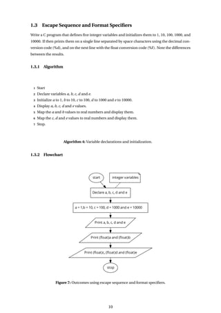 1.3 Escape Sequence and Format Specifiers
Write a C program that defines five integer variables and initializes them to 1, 10, 100, 1000, and
10000. If then prints them on a single line separated by space characters using the decimal con-
version code (%d), and on the next line with the float conversion code (%f). Note the differences
between the results.
1.3.1 Algorithm
1 Start
2 Declare variables a, b, c, d and e.
3 Initialize a to 1, b to 10, c to 100, d to 1000 and e to 10000.
4 Display a, b, c, d and e values.
5 Map the a and b values to real numbers and display them.
6 Map the c, d and e values to real numbers and display them.
7 Stop.
Algorithm 4: Variable declarations and initialization.
1.3.2 Flowchart
Figure 7: Outcomes using escape sequence and format specifiers.
10
 