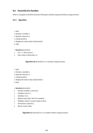 8.2 Factorial of a Number
Write a C program to find the factorial of the given number using and without using recursion.
8.2.1 Algorithm
1 Start
2 Declare a variable n.
3 Read the value for n.
4 Call factorial(n).
5 Display the return value of factorial(n).
6 Stop
1 function factorial(n)
2 If n == 1 then return 1.
3 Else, return n*factorial(n-1).
Algorithm 50: factorial of a +ve number using recursion.
1 Start
2 Declare a variable n.
3 Read the value for n.
4 Call factorial(n).
5 Display the return value of factorial(n).
6 Stop
1 function factorial(n)
2 Declare variables i and mult.
3 Initialize mult to 1.
4 Initialize i to n.
5 Repeat step 6 and 7 till i>0 is satisfied.
6 Multiply i value to current value of mult.
7 Decrement i value by 1.
8 Return mult’s value.
Algorithm 51: factorial of a +ve number without using recursion.
126
 