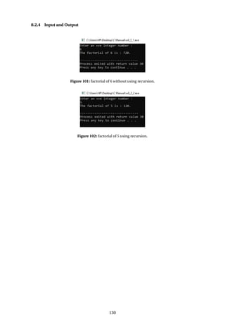 8.2.4 Input and Output
Figure 101: factorial of 6 without using recursion.
Figure 102: factorial of 5 using recursion.
130
 