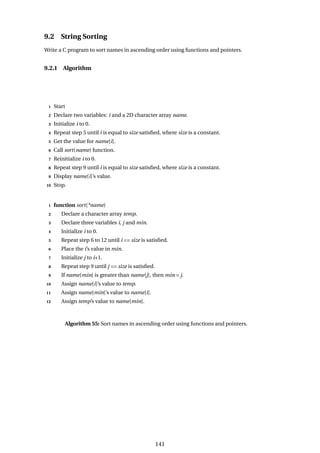 9.2 String Sorting
Write a C program to sort names in ascending order using functions and pointers.
9.2.1 Algorithm
1 Start
2 Declare two variables: i and a 2D character array name.
3 Initialize i to 0.
4 Repeat step 5 until i is equal to size satisfied, where size is a constant.
5 Get the value for name[i].
6 Call sort(name) function.
7 Reinitialize i to 0.
8 Repeat step 9 until i is equal to size satisfied, where size is a constant.
9 Display name[i]’s value.
10 Stop.
1 function sort(*name)
2 Declare a character array temp.
3 Declare three variables i, j and min.
4 Initialize i to 0.
5 Repeat step 6 to 12 until i == size is satisfied.
6 Place the i’s value in min.
7 Initialize j to i+1.
8 Repeat step 9 until j == size is satisfied.
9 If name[min] is greater than name[j], then min = j.
10 Assign name[i]’s value to temp.
11 Assign name[min]’s value to name[i].
12 Assign temp’s value to name[min].
Algorithm 55: Sort names in ascending order using functions and pointers.
141
 