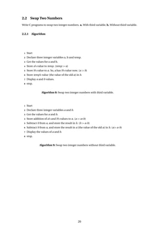 2.2 Swap Two Numbers
Write C programs to swap two integer numbers. a. With third variable, b. Without third variable.
2.2.1 Algorithm
1 Start
2 Declare three integer variables a, b and temp.
3 Get the values for a and b.
4 Store a’s value to temp. (temp := a)
5 Store b’s value to a. So, a has b’s value now. (a := b)
6 Store temp’s value (the value of the old a) in b.
7 Display a and b values.
8 stop.
Algorithm 8: Swap two integer numbers with third variable.
1 Start
2 Declare three integer variables a and b.
3 Get the values for a and b.
4 Store addition of a’s and b’s values to a. (a := a+b)
5 Subtract b from a, and store the result in b. (b := a-b)
6 Subtract b from a, and store the result in a (the value of the old a) in b. (a:= a-b)
7 Display the values of a and b.
8 stop.
Algorithm 9: Swap two integer numbers without third variable.
20
 