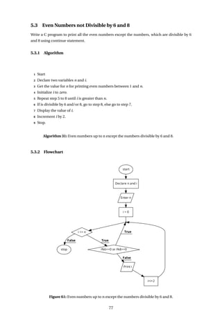 5.3 Even Numbers not Divisible by 6 and 8
Write a C program to print all the even numbers except the numbers, which are divisible by 6
and 8 using continue statement.
5.3.1 Algorithm
1 Start
2 Declare two variables n and i.
3 Get the value for n for printing even numbers between 1 and n.
4 Initialize i to zero.
5 Repeat step 5 to 8 until i is greater than n.
6 If is divisible by 6 and/or 8, go to step 8, else go to step 7.
7 Display the value of i.
8 Increment i by 2.
9 Stop.
Algorithm 31: Even numbers up to n except the numbers divisible by 6 and 8.
5.3.2 Flowchart
Figure 61: Even numbers up to n except the numbers divisible by 6 and 8.
77
 