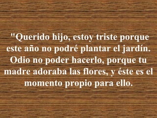 "Querido hijo, estoy triste porque
este año no podré plantar el jardín.
Odio no poder hacerlo, porque tu
madre adoraba las flores, y éste es el
momento propio para ello.

 