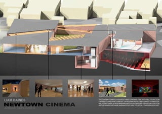 THE CINEMACOMPLEX HOUSES THREE CINEMAS, ONE WITH MULTIFUNCTION
CAPABILITYANDVANITYAREAS.THEREISANOPENLOBBYLINKEDTOANINTER-
NALCOURTYARD,ACAFE/BARAREAWITHPLAYGROUNDVIEW,AGALLERYFOR
ARTVIEWANDPURCHASE,ANDANOFFICE.MULTIPLETOILETAREASALSOEXIST.
AREAS EXPLAINED
LIAM BAINES
 