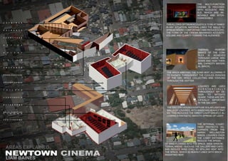 THE MULTI-FUNCTION
CINEMA IS PROVIDED
WITH ACOUSTIC PAN-
ELS, WHICH ARE RE-
MOVABLE AND INTER-
CHANGEABLE.
THISALLOWS OPTIMUMACOUSTICS TO BEATTAINED
IN ANY SITUATION. MATERIAL LINES THE WALLS TO
SPREAD SOUND COMFORTABLYAND REDUCE ECHO.
THE FORM OF THE CINEMA MAXIMISES ACOUSTIC
VOLUME AND CLARITY TOWARD THE AUDIENCE.
THERMAL PERFOR-
MANCE OF THE COM-
PLEX IS ACHIEVED
THROUGH LARGE WIN-
DOWS AND HIGH THER-
MAL CAPACITY MATERI-
AL (BRICK).
THE BRICK ABSORBS THE SUNS HEAT, ALLOWING IT
TO RADIATE THROUGHOUT THE COOLER PERIODS
OF THE DAY, WHILE COLLECTING AND COOLING
THROUGH THE HOTTER.
LOUVRES ARE USED
S U B S T A N T I A L L Y
THROUGHOUT MY DE-
SIGN TO MITIGATE
GLARE. THESEARE SPE-
CIFICALLY IMPORTANT
IN THE GALLERY.
THE GALLERY HOUSESADIFFUSE SOLAR LIGHTAND
MALLS OF LOUVRES, WITH WINDOWS HEAVILY TINT-
ED. THIS REDUCES THE DIRECT LIGHT GREATLY, AL-
LOWING A FANTASTIC SMOOTH SPREAD OF LIGHT.
THE INTERNAL COURT-
YARD PROTECTS OC-
CUPANTS FROM THE
HARSH WELLINGTON
WINDS. LOUVRES OVER
THE LOBBY ENTRANCE
REDUCE THE SPEED
OF WIND FLOWING INTO THE SPACE. WIDE OPEN IN-
TERNAL AREAS - SUCH AS THE GALLERY AND CAFE/
BAR REDUCE WIND CHILL BY SPILLING HEAT INTO
THE SPACE, WHICH IS HEAVILY LINED WITH BRICK -
RADIATING HEAT.
C A F E / B A R
C O U R T Y A R D
E N T R A N C E
O F F I C E
G A L E R Y
F O Y E R
S N A C K B A R
D I S A B L E D A C C E S S
U P P E R C I N E M A S
T O I L E T S
T I C K E T B O O T H
B A T H R O O M S
M U L T I - F U N C T I O N
C I N E M A
V A N I T Y R O O M S
AREAS EXPLAINED
LIAM BAINES
 