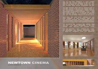 ONE OF THE MAIN STRENGTHS IN BOTH CARARRA
PARK AND THE CARARRA COMPLEX IS THE AXIS. RUN-
NING AT AN ANGLE OF 600
FROM SOUTH, THE PATH-
WAY PROVIDES GREAT ACCESS THROUGHOUT THE SITE.
THE MAIN ENTRANCE RUNS DIRECTLY PERPENDICULAR TO
THIS PATH, KEEPING IN LINE WITH THE EXISTING SITE’S IDE-
ALS. THE ENTRANCE IS ESSENTIALLY A BRIDGE BETWEEN
TWO SEPARATE YET INTEGRATED BUILDINGS; 	 BOTH OPEN
AND CLOSED ACCESS TO THE GALLERY AND BAR IS AVAIL-
ABLE THROUGH THIS HALL. IT IS POSSIBLE TO PERFECTLY
SEAL OFF THIS ENTRANCE THROUGHOUT UNUSED HOURS.
BOTH LIGHT AND WIND FILTER THROUGH THE LOU-
VRES OVERHEAD IN THIS ENTRANCE, THEIR NEGA-
TIVE EFFECTS MITIGATED INTO COMFORTABLE RANGES.
TEMPERATUREISMAINTAINEDTHROUGHEFFECTIVENESSUSEOFSUN,
VENTILATIONAND RADIATION VIAHEAT PRESERVED IN THE BRICK.
THE AESTHETICS AND MATERIALS ARE DERIVED FROM
THE SITE - WITH LINEAR REFERENCES TO THE PLAY-
GROUND, PARK BENCHES AND EXISTING FLORA.
THIS AXIS MAINTAINS A SAFE ENTRANCE FOR COMMU-
NAL GATHERINGS AND PARENTAL SUPERVISION, GIVES
A SIGNIFICANT REFERENCE POINT FOR NAVIGATION.
LIAM BAINES
 