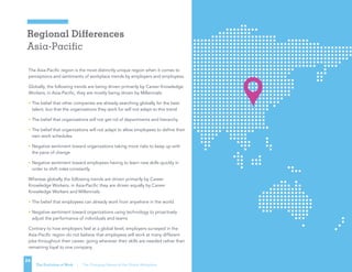 Regional Differences
Asia-Pacific
The Evolution of Work | The Changing Nature of the Global Workplace
24
The Asia-Pacific region is the most distinctly unique region when it comes to
perceptions and sentiments of workplace trends by employers and employees.
Globally, the following trends are being driven primarily by Career Knowledge
Workers; in Asia-Pacific, they are mostly being driven by Millennials:
• The belief that other companies are already searching globally for the best
talent, but that the organizations they work for will not adapt to this trend
• The belief that organizations will not get rid of departments and hierarchy
• The belief that organizations will not adapt to allow employees to define their
own work schedules
• Negative sentiment toward organizations taking more risks to keep up with
the pace of change
• Negative sentiment toward employees having to learn new skills quickly in
order to shift roles constantly
Whereas globally the following trends are driven primarily by Career
Knowledge Workers, in Asia-Pacific they are driven equally by Career
Knowledge Workers and Millennials:
• The belief that employees can already work from anywhere in the world
• Negative sentiment toward organizations using technology to proactively
adjust the performance of individuals and teams
Contrary to how employers feel at a global level, employers surveyed in the
Asia-Pacific region do not believe that employees will work at many different
jobs throughout their career, going wherever their skills are needed rather than
remaining loyal to one company.
 