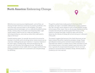 North America: Embracing Change
26
The Evolution of Work | The Changing Nature of the Global Workplace
While the more recent sources of global growth, such as China, are
slowing, the North American economies are poised to accelerate in the
near future with continued impact on the workplace. The region
possesses profound advantages, such as a relatively liberalized business
climate, a strong culture of innovation and entrepreneurialism, agile
capital markets, small firms that can create and capitalize on
technological advances, and a start-up culture that is well-suited to
adapt to the future.6
Canada’s banking system, for example, has proved to be among the
soundest in the world, and its oil and gas sector remains strong, even as
it has been challenged by last year’s downturn in oil prices. Industries in
the entire region, including energy, advanced manufacturing, life
sciences, and information technology are thriving.7
Ultimately, job
growth is projected to remain stable, which can support and fund many
emerging workplace trends such as automation and using technology
for well-being.
Though this outlook looks mostly positive for the future of the
workplace, the region is somewhat challenged by an aging population
who, like in Europe, remain resistant to many of these possible changes
and are weary of their impact. Even so, the younger populations and the
innovation-first attitude has tended to place North America at the
forefront of change historically, so while the region will continue
advancing, the intensity of change will not be as strong as in other parts
of the world.
The research suggests that because of this, North Americans are less
likely to believe they will be impacted by workplace change. People
generally demonstrate positive sentiment toward workplace trends,
especially those related to increased choice of when and where to work
and increased access to information needed to get more done in less
time. In general, this study showed that people in the U.S. are more
receptive to and excited about workplace change, whereas people in
Canada are a bit more reserved.
6
ForeignPolicy.com, North America: the Next Great Emerging Market?, June 2015
7
ForeignPolicy.com, North America: the Next Great Emerging Market?, June 2015
 