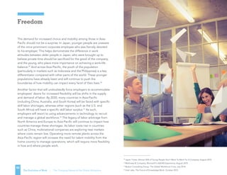 Freedom
The Evolution of Work | The Changing Nature of the Global Workplace
50
The demand for increased choice and mobility among those in Asia-
Pacific should not be a surprise. In Japan, younger people are unaware
of the once-prominent corporate employee who was fiercely devoted
to his employer. This helps demonstrate the difference in work
attitudes between older people in Japan, who were brought up to
believe private time should be sacrificed for the good of the company,
and the young, who place more importance on achieving a work-life
balance.29
And across Asia-Pacific, the youth of the population
(particularly in markets such as Indonesia and the Philippines) is a key
differentiator compared with other parts of the world. These younger
populations have already been and will continue to push the
boundaries of how mobility can impact every facet of their lives.30
Another factor that will undoubtedly force employers to accommodate
employees’ desire for increased flexibility will be shifts in the supply
and demand of labor. By 2030, many countries in Asia-Pacific
(including China, Australia, and South Korea) will be faced with specific
skill labor shortages, whereas other regions (such as the U.S. and
South Africa) will have a specific skill labor surplus.31
As such,
employers will resort to using advancements in technology to recruit
and manage a global workforce.32
The legacy of labor arbitrage from
North America and Europe to Asia-Pacific will continue to impact how
countries manage these shortages. As labor costs rise in countries
such as China, multinational companies are exploring new markets
where costs remain low. Operating more remote plants across the
Asia-Pacific region will increase the need for talent mobility from the
home country to manage operations, which will require more flexibility
in how and where people work.
29
Japan Times, Almost 30% of Young People Don’t Want To Work For A Company, August 2015
30
McKinsey  Company, Microsoft’s ASEAN Experience, August 2015
31
Boston Consulting Group, The Global Workforce Crisis, July 2014
32
Intel Labs, The Future of Knowledge Work, October 2012
 