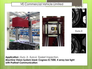 VE Commercial Vehicle Limited
Euro-6
Euro-3
Application : Euro -3 , Euro-6 Gasket Inspection.
Machine Vision System Used: Cognex IS 7200, 4 array bar light
with Profinet Communication
 