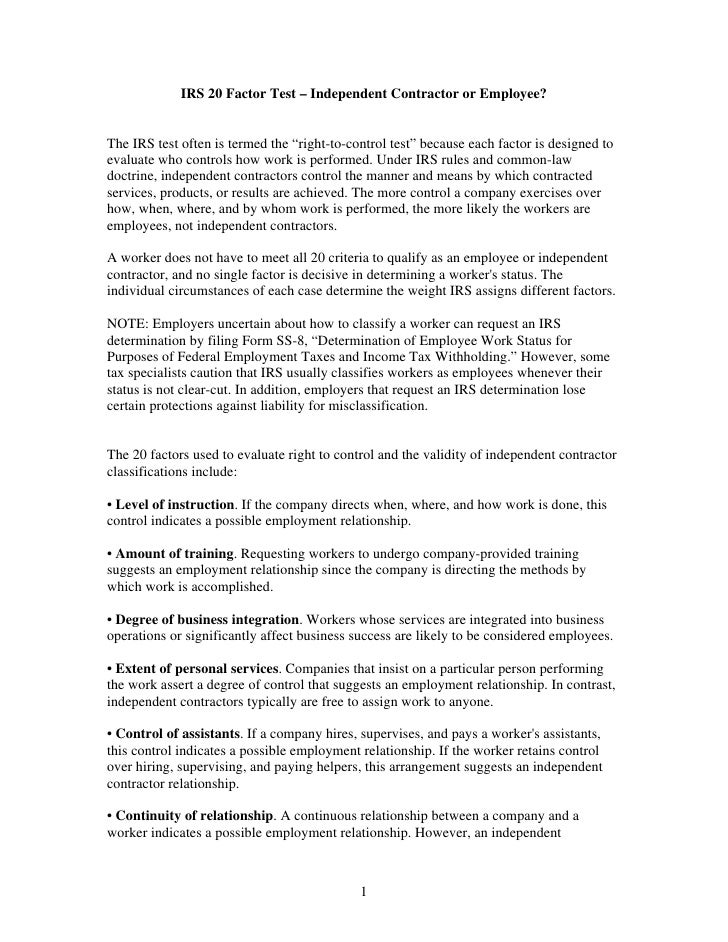 20 factor test employee or sub contractor form ss8 instructions