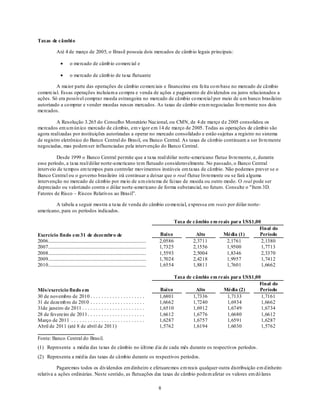 Taxas de câmbi o

               Até 4 de março de 2005, o Brasil possuía dois mercados de câmb io legais principais:

                         o mercado de câmb io co mercial e

                         o mercado de câmb io de taxa flutuante

         A maior parte das operações de câmbio co merciais e financeiras era feita co m base no mercado de câmbio
comercial. Essas operações incluíam a co mpra e venda de ações e pagamento de dividendos ou juros relacionados a
ações. Só era possível comprar moeda estrangeira no mercado de câmbio co mercial por meio de u m banco brasileiro
autorizado a co mprar e vender moedas nesses mercados. As taxas de câmbio eram negociadas livremente nos dois
mercados.

          A Resolução 3.265 do Conselho Monetário Nacional, ou CMN, de 4 de março d e 2005 consolidou os
mercados em u m ún ico mercado de câmbio, em v igor em 14 de março de 2005. Todas as operações de câmbio são
agora realizadas por instituições autorizadas a operar no mercado consolidado e estão sujeitas a registro no sistema
de registro eletrônico do Banco Central do Brasil, ou Banco Central. As taxas de câmbio continuam a ser livremente
negociadas, mas podem ser influenciadas pela intervenção do Banco Central.

         Desde 1999 o Banco Central permite que a taxa real/dólar norte-americano flutue livremente, e, durante
esse período, a taxa real/dólar norte-americano tem flutuado consideravelmente. No passado, o Banco Central
interveio de tempos em tempos para controlar movimentos instáveis em taxas de câmbio. Não podemos prever se o
Banco Central ou o governo brasileiro irá continuar a deixar que o real flutue livremente ou se fará alguma
intervenção no mercado de câmbio por meio de u m sistema de faixas de moeda ou outro modo. O real pode ser
depreciado ou valorizado contra o dólar norte-americano de forma substancial, no futuro. Consulte o "Item 3D.
Fatores de Risco – Riscos Relativos ao Brasil‖.

        A tabela a seguir mostra a taxa de venda do câmbio co mercial, expressa em reais por dólar norte-
americano, para os períodos indicados.

                                                                                                 Taxa de câmbio e m reais para US$1,00
                                                                                                                                      Final do
Exercício findo em 31 de dezembro de                                                      Baixo           Alto        Média (1)       Período
2006...................................................................................   2,0586         2,3711         2,1761         2,1380
2007...................................................................................   1,7325         2,1556         1,9500         1,7713
2008...................................................................................   1,5593         2,5004         1,8346         2,3370
2009...................................................................................   1,7024         2,4218         1,9957         1,7412
2010...................................................................................   1,6554         1,8811         1,7601         1,6662

                                                                                                 Taxa de câmbio em reais para US$1,00
                                                                                                                                     Final do
Mês/exercício findo em                                                                    Baixo           Alto       Média (2)       Período
30 de novembro de 2010 ....................                                               1,6801         1,7336        1,7133         1,7161
31 de dezemb ro de 2010 ....................                                              1,6662         1,7240        1,6934         1,6662
31de janeiro de 2011 .......................                                              1,6510         1,6912        1,6749         1,6734
28 de fevereiro de 2011 .....................                                             1,6612         1,6776        1,6680         1,6612
Março de 2011 ...........................                                                 1,6287         1,6757        1,6591         1,6287
Abril de 2011 (até 8 de abril de 2011)                                                    1,5762         1,6194        1,6030         1,5762

Fonte: Banco Central do Brasil.
(1) Representa a média das taxas de câmbio no último d ia de cada mês durante os respectivos períodos.
(2) Representa a méd ia das taxas de câmbio durante os respectivos períodos.

          Pagaremos todos os dividendos em dinheiro e efetuaremos em reais qualquer outra distribuição em d inheiro
relativa a ações ordinárias. Neste sentido, as flutuações das taxas de câmbio podem afetar os valores em dó lares

                                                                                          8
 