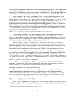 períodos especificados nas regras e formulários da SEC e que essas informações obrigatórias a serem d ivulgadas por
nós, nos relatórios que arquivamos ou enviamos nos termos da Lei de Mercado de Capitais, sejam acu muladas e
comunicadas aos nossos diretores, incluindo nossos principais diretores executivos e financeiros, ou às pessoas com
funções semelhantes, conforme adequado para permitir decisões precisas relativas às divulgações obrigatórias.

          Nosso presidente e CEO, Frederico Pinheiro Fleury Cu rado, e nosso vice-presidente executivo e diretor
financeiro, Cynthia Marcondes Ferreira Benedetto, após avaliarem junto à ad ministração a eficácia do projeto e
operação de nossos controles e procedimentos de divulgação (conforme definidos nas Regras 13a -15(e) e 15d-15(e)
da Lei de Mercado de Capitais) em 31 de dezembro de 2010, final do período coberto por este relatório anual,
concluíram que, nesta data, nossos controles e procedimentos de divulgação eram eficazes para assegurar que as
informações obrigatórias a serem divulgadas por nós, em relatórios que arquivamos ou enviamos nos termos da Lei
de Mercado de Capitais, fossem registradas, processadas, resumidas e relatadas nos períodos especificados nas
regras e formulários da SEC, e eram eficazes em garantir que essas informações fossem acumu ladas e comunicadas
à nossa administração, inclusive nosso CEO e d iretor financeiro, co nforme adequado para permit ir que as decisões
fossem precisas com relação às divulgações obrigatórias.

Relatório anual da ad ministração sobre o controle interno das demonstrações financeiras

          A administração é responsável por estabelecer e manter controles internos adequados sobre relatórios,
conforme defin ido nas Regras 13a-15(f) e 15d-15(f) da Lei de Mercado de Capitais dos EUA. Nosso controle
interno sobre demonstrações financeiras é um p rocesso elaborado para fornecer garantia à diretoria e ao Conselho d e
Admin istração com relação à confiabilidade dos relatórios financeiros e à preparação de demonstrações financeiras
para fins externos de acordo com os princíp ios contábeis geralmente aceitos.

          Devido às limitações inerentes, o controle interno das demonstrações financeiras pode não impedir ou
detectar as declarações incorretas. [Controle interno eficaz sobre relatórios financeiros não pode, e não fornecem
uma garantia absoluta de alcance de nossos objetivos de controle.]. Além disso, projeções de qualquer avaliação de
eficácia em períodos futuros estão sujeitas ao risco de que controles possam se tornar inadequados devido a
mudanças nas condições, ou que a grau de conformidade co m as polít icas ou procedimentos possa deteriorar-se.

         A diretoria avaliou a eficácia de nosso controle interno das demonstrações financeiras em 31 de dezemb ro
de 2010. Ao efetuar essa avaliação, a ad ministração usou os critérios determinados pelo Committee of Sponsoring
Organizations da Treadway Co mmission (COSO) (Co mitê de Organizaçõ es de Patrocínio da Co missão de
Treadway) em Controle Interno — Estrutura Integrada. Co m base nessa avaliação, a administração concluiu que, em
31 de dezemb ro de 2010, nosso controle interno das demonstrações financeiras é eficiente co m base nesses critérios.

Relatório dos Auditores Públicos Contábeis Independentes

         A eficácia de nosso controle interno sobre demonstrações financeiras em 31 de dezembro de 2010 foi
auditada pela PricewaterhouseCoopers Auditores Independentes, uma firma de contadores públicos registrados,
conforme declarado em sua demonstração que aparece na página F-2 deste documento.

Mudanças no controle interno sobre demonstrações financeiras

         Nosso departamento de auditoria interna avalia periodicamente nossos controles internos dos ciclos
principais, docu mentando em flu xogramas os processos usados em cada ciclo, identificando oportunidades e
sugerindo aprimoramentos dos mecanis mos de controle existentes. Não houve quaisquer mudanças s no controle
interno das demonstrações financeiras, durante o período coberto por este relatório anual, que tenham afetado ou
possam vir a afetar de forma substancial o controle interno das demonstrações financeiras .

ITEM 16.A           ESPECIALIS TA FINANCEIRO

          Nosso Conselho de Administração determinou que Sr. Taiki Hirashima, memb ro efet ivo de nosso Conselho
Fiscal, é u m "especialista em finanças do comitê de auditoria", conforme definido pelas regras atuais da SEC. Além

2
    PwC verificará a possibilidade de inclusão desta frase (re IAS -5).



                                                            131
 