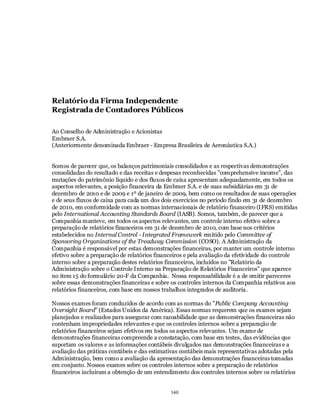 Relatório da Firma Independente
Registrada de Contadores Públicos

Ao Conselho de Administração e Acionistas
Embraer S.A.
(Anteriormente denominada Embraer - Empresa Brasileira de Aeronáutica S.A.)


Somos de parecer que, os balanços patrimoniais consolidados e as respectivas demonstrações
consolidadas do resultado e das receitas e despesas reconhecidas "comprehensive income", das
mutações do patrimônio líquido e dos fluxos de caixa apresentam adequadamente, em todos os
aspectos relevantes, a posição financeira da Embraer S.A. e de suas subsidiárias em 31 de
dezembro de 2010 e de 2009 e 1º de janeiro de 2009, bem como os resultados de suas operações
e de seus fluxos de caixa para cada um dos dois exercícios no período findo em 31 de dezembro
de 2010, em conformidade com as normas internacionais de relatório financeiro (IFRS) emitidas
pelo International Accounting Standards Board (IASB). Somos, também, de parecer que a
Companhia manteve, em todos os aspectos relevantes, um controle interno efetivo sobre a
preparação de relatórios financeiros em 31 de dezembro de 2010, com base nos critérios
estabelecidos no Internal Control - Integrated Framework emitido pelo Committee of
Sponsoring Organizations of the Treadway Commission (COSO). A Administração da
Companhia é responsável por estas demonstrações financeiras, por manter um controle interno
efetivo sobre a preparação de relatórios financeiros e pela avaliação da efetividade do controle
interno sobre a preparação destes relatórios financeiros, incluídos no "Relatório da
Administração sobre o Controle Interno na Preparação de Relatórios Financeiros" que aparece
no item 15 do formulário 20-F da Companhia. Nossa responsabilidade é a de emitir pareceres
sobre essas demonstrações financeiras e sobre os controles internos da Companhia relativos aos
relatórios financeiros, com base em nossos trabalhos integrados de auditoria.

Nossos exames foram conduzidos de acordo com as normas do "Public Company Accounting
Oversight Board" (Estados Unidos da América). Essas normas requerem que os exames sejam
planejados e realizados para assegurar com razoabilidade que as demonstrações financeiras não
contenham impropriedades relevantes e que os controles internos sobre a preparação de
relatórios financeiros sejam efetivos em todos os aspectos relevantes. Um exame de
demonstrações financeiras compreende a constatação, com base em testes, das evidências que
suportam os valores e as informações contábeis divulgados nas demonstrações financeiras e a
avaliação das práticas contábeis e das estimativas contábeis mais representativas adotadas pela
Administração, bem como a avaliação da apresentação das demonstrações financeiras tomadas
em conjunto. Nossos exames sobre os controles internos sobre a preparação de relatórios
financeiros incluíram a obtenção de um entendimento dos controles internos sobre os relatórios


                                              140
 