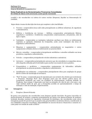 Em braer S.A.
      (Anteriomente Embraer –
      Empresa Brasileira de Aeronáutica S.A.)

      Notas Explicativas às Demonstrações Financeiras Consolidadas
      Em milhões de dólares norte-americanos, exceto quando mencionado

      contábil e são reconhecidos na rubrica de outras receitas (despesas), líquidas na demonstração do
      resultado.


      Segue abaixo resumo da descrição dos itens que compõem o ativo imo bilizado:

               Terrenos - compreendem áreas onde estão principalmente os edifícios industriais, de engenharia
               e administrativos.

               Edifícios e benfeitorias em terrenos – Edifícios compreendem principalmente fábricas,
               engenharia e escritórios e benfeitorias compreendem estacionamentos, arruamentos, rede de
               água e esgoto.

               Instalações - compreendem as instalações industriais aux iliares que direta ou indiretamente
               suportam as operações industriais da Companhia, assim como instalações das áreas de
               engenharia e administrativa.

               Máquinas e equipamentos – compreendem principalmente os maquinários e outros
               equipamentos utilizados direta ou indiretamente no processo fabril.

               Móv eis e utensílios – compreendem principalmente mobiliários e utensílios utilizados nas áreas
               produtivas, engenharia e administrativa.

               Veículos – compreendem principalmente veículos industriais e automóveis.

               Aeronaves – compreendem principalmente aeronaves que são arrendadas às companhias aéreas,
               além daquelas utilizadas pela Controladora para aux iliar nos ensaios de novos projetos.

               Computadores e periféricos – compreendem equipamentos de informática                    utilizados
               principalmente no processo produtivo, engenharia e administrativo.

               Imobilizações em andamento – compreendem principalmente obras para ampliação do parque
               fabril e centros de manutenção de aeronav es.

               “Pool” de peças - compreende peças de reposição para uso exclusivo dos clientes que contrataram
               o Programa “Exchange Pool”. Esse Programa prevê que tais clientes podem trocar um
               componente danificado por outro em condições de funcionamento, conforme definido no
               Programa. Esse estoque é depreciado com base na estimativ a de v ida de sete a dez anos e um
               valor residual médio de 35%, que a Companhia acredita ser aproximadamente o tempo de
               utilização e v alor de realização, respectivamente.

(o)         Intangíveis

      (i)      Pesquisa e Desenvolvimento

      Os gastos com pesquisas são reconhecidos como despesas quando incorridos. Os gastos incorridos no
      desenvolvimento de projetos, compostos principalmente por gastos com desenvo lvimento de produtos,
      incluindo desenhos, projetos de engenharia, construção de protótipos, são reconhecidos como ativos
      intangíveis quando for provável que os projetos irão gerar benefícios econômicos futuros, considerando -se
      sua v iabilidade comercial e tecnológica, disponibilidade de recursos técnicos e financeiros e somente se o
      custo puder ser medido de modo confiável.




                                                          158
 