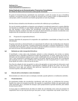 Em braer S.A.
      (Anteriomente Embraer –
      Empresa Brasileira de Aeronáutica S.A.)

      Notas Explicativas às Demonstrações Financeiras Consolidadas
      Em milhões de dólares norte-americanos, exceto quando mencionado

      Os gastos de desenvolv imento capitalizados são amortizados a partir da ocasião em que os benefícios
      começam a ser gerados com base na entrega de aeronaves que se estima vender na implementação de
      cada projeto, sendo os montantes amortizados apropriados ao custo de produção.



      Rev isões dessas estimativas são efetuadas na ocorrência de evidências que as justifiquem.

      No caso de projetos paralisados ou daqueles cuja realização é considerada improv ável, os gastos diferidos
      são baix ados ou reduzidos ao valor líquido estimado de recuperação. Outros gastos de desenvolvimento
      que não atendam a esses critérios são reconhecidos como despesa na rubrica de outras receitas
      (despesas), líquidas, conforme incorridos. Os custos de desenvolv imento previamente reconhecidos como
      despesa não são reconhecidos como ativo em período subsequente.


      (ii)      Programas de computador(software)

      Licenças adquiridas de programas de computador são capitalizadas e amortizadas ao longo de sua v ida
      útil estimada.

      Os gastos associados ao desenvolvimento ou à manutenção de softwares são reconhecidos como despesas
      na medida em que são incorridos. Os gastos diretamente associados a softwares identificáveis e únicos,
      controlados pela Companhia e que, provavelmente, gerarão benefícios econômicos maiores que os custos
      por mais de um ano, são reconhecidos como ativos intangíveis.

(p)          Redução ao v alor recuperável de ativos

      O imobilizado e outros ativos não circulantes, inclusive os ativos intangíveis, são rev istos no mínimo
      anualmente para se identificar ev idências de perdas não recuperáveis, ou ainda, sempre que eventos ou
      alterações nas circunstâncias indicarem que o v alor contábil pode não ser recuperável. Quando este for o
      caso, o valor recuperável é calculado para verificar se há perda. Quando houver perda, ela é reconhecida
      pelo montante em que o valor contábil do ativo ultrapassa seu valor recuperável que é o maior entre o
      preço líquido de venda e o valor em uso de um ativo.

      Para fins de av aliação do valor recuperável, os ativos são agrupados no menor grupo de ativos para o qual
      ex istem fluxos de caix a identificáveis separadamente (unidades geradoras de caixa). Os ativos não
      financeiros, exceto ágio, que sofreram uma perda por impairment são rev isados para uma possível
      reversão da perda a cada data de balanço.


(q)          Dem ais ativos circulantes e não circulantes

      Demonstrados aos v alores de custo ou realização, incluindo, quando aplicável, o s rendimentos auferidos.

(r)          Financiamentos

      Os empréstimos obtidos são reconhecidos, inicialmente, pelo valor justo, no recebimento dos recursos,
      líquidos dos custos de transação incorridos. Em seguida, os empréstimos obtidos são apresentados pelo
      custo amortizado, isto é, acrescidos de encargos e juros proporcionais ao período incorrido, pelo método
      da taxa de juros efetiva.

      As tax as pagas no estabelecimento de linhas de crédito são reconhecidas como custos da transação do
      empréstimo uma vez que seja provável que uma parte ou todo o empréstimo seja sacado. Nesse caso, a



                                                          159
 