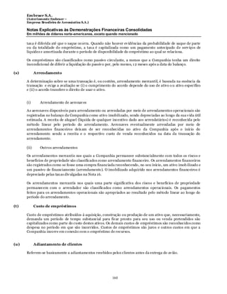 Em braer S.A.
      (Anteriomente Embraer –
      Empresa Brasileira de Aeronáutica S.A.)

      Notas Explicativas às Demonstrações Financeiras Consolidadas
      Em milhões de dólares norte-americanos, exceto quando mencionado

      tax a é diferida até que o saque ocorra. Quando não houver ev idências da probabilidade de saque de parte
      ou da totalidade do empréstimo, a tax a é capitalizada como um pagamento antecipado de serv iços de
      liquidez e amortizada durante o período de disponibilidade do empréstimo ao qual se relaciona.

      Os empréstimos são classificados como passivo circulante, a menos que a Companhia tenha um direito
      incondicional de diferir a liquidação do passivo por, pelo menos, 1 2 meses após a data do balanço.

(s)          Arrendamento

      A determinação sobre se uma transação é, ou contém, arrendamento mercantil, é baseada na essência da
      transação e ex ige a avaliação se (i) o cumprimento do acordo depende do uso de ativo o u ativo específico
      e (ii) o acordo transfere o direito de usar o ativo.


      (i)       Arrendamento de aeronav es

      As aeronaves disponíveis para arrendamento ou arrendadas por meio de arrendamentos operacionais são
      registradas no balanço da Companhia como ativo imobilizado, sendo depreciadas ao longo da sua v ida útil
      estimada. A receita de aluguel (líquida de qualquer incentivo dado aos arrendatários) é reconhecida pelo
      método linear pelo período do arrendamento. Aeronaves eventualmente arrendadas por meio de
      arrendamentos financeiros deix am de ser reconhecidas no ativo da Companhia após o início do
      arrendamento sendo a receita e o respectivo custo de venda reconhecidos na data da transação do
      arrendamento.

      (ii)      Outros arrendamentos

      Os arrendamentos mercantis nos quais a Companhia permanece substancialmente com todos os riscos e
      benefícios de propriedade são classificados como arrendamento financeiro. Os arrendamentos financeiros
      são registrados como se fosse uma compra financiada reconhecendo, no seu início, um ativo imob ilizado e
      um passivo de financiamento (arrendamento). O imobilizado adquirido nos arrendamentos financeiros é
      depreciado pelas tax as div ulgadas na Nota 16.

      Os arrendamentos mercantis nos quais uma parte significativa dos riscos e benefícios de propriedade
      permanecem com o arrendador são classificados como arrendamentos operacionais. Os pagamentos
      feitos para os arrendamentos operacionais são apropriados ao resultado pelo método linear ao longo do
      período do arrendamento.

(t)          Custo de empréstimos

      Custo de empréstimos atribuídos à aquisição, construção ou produção de um ativo que, necessariamente,
      demanda um período de tempo substancial para ficar pronto para seu uso ou venda pretendidos são
      capitalizados como parte do custo destes ativos. Os demais custos de empréstimos são reconhecidos como
      despesa no período em que são incorridos. Custos de empréstimos são juros e outros custos em que a
      Companhia incorre em conexão com o empréstimo de recursos.


(u)          Adiantamento de clientes

      Referem-se basicamente a adiantamentos recebidos pelos clientes antes da entrega do av ião.




                                                          160
 