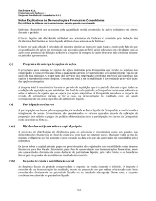 Em braer S.A.
       (Anteriomente Embraer –
       Empresa Brasileira de Aeronáutica S.A.)

       Notas Explicativas às Demonstrações Financeiras Consolidadas
       Em milhões de dólares norte-americanos, exceto quando mencionado

       Embraer, disponível aos acionistas pela quantidade média ponderada de ações ordinárias em aberto
       durante o período.

       O lucro líquido não distribuído atribuível aos acionistas da Embraer é calculado pela dedução dos
       div idendos distribuídos ao lucro líquido atribuível aos acionistas da Embraer.

       O lucro por ação diluído é calculado de maneira similar ao lucro por ação básico, exceto pelo fato de que
       as quantidades de ações em circulação são ajustadas para refletir ações adicionais em circulação caso as
       ações com potencial de diluição atribuíveis a opções de compra de ações tivessem sido emitidas durante
       os períodos apresentados.


(y )       Program a de outorga de opções de ações

       O programa para outorga de opções de ações instituído pela Companhia que recebe os serviços dos
       empregados e como retribuição efetua o pagamento através de instrumentos de capital próprio (opções de
       ações de sua emissão). O v alor justo dos serviços dos empregados recebidos em troca da concessão das
       opções é reconhecido como despesa. O montante total a ser contabilizado é determinado pelo v alor justo
       das opções outorgadas.

       A despesa total é reconhecida durante o período de aquisição, que é o período durante o qual todas as
       condições de aquisição sejam satisfeitas. No final de cada período, a Companhia revisa suas estimativ as
       sobre o número de opções que se espera que sejam adquiridas. A Companhia reconhece o impacto da
       revisão de estimativas iniciais, se for o caso, na demonstração do resultado, com um ajuste
       correspondente em conta específica do patrimônio líquido.

(z)        Participação nos lucros

       A participação nos lucros pelos empregados, é v inculada ao lucro líquido da Companhia, e condicionada a
       atingimento de metas. Mensalmente são provisionados os va lores apurados através da aplicação da
       proporção dos salários a pagar. As políticas determinadas para a participação nos lucros da Companhia
       estão descritas na Nota 31.

(aa)       Div idendos and juros sobre o capital próprio

       A proposta de distribuição de dividendos para os acionistas é reconhecida como um passivo nas
       demonstrações financeiras ao final do exercício, com base no estatuto social. Qualquer valor acima do
       mínimo obrigatório por lei somente é prov isionado na data em que são aprovados em Assembléia pelo s
       acionistas.

       Os juros sobre o capital próprio pagos ou prov isionados são registrados na contabilidade como despesa
       financeira para fins fiscais. Entretanto, para fins de apresentação nas demonstrações financeiras, esses
       são apresentados diretamente como dedução do patrimônio líquido, pelo valor bruto, e os benefícios
       fiscais por ele gerados são mantidos no resultado do ex ercício.

(bb)       Imposto de renda e contribuição social

       As despesas fiscais do período compreendem o imposto de renda corrente e diferido. O imposto é
       reconhecido na demonstração do resultado, exceto na proporção em que estiver relacionado com itens
       reconhecidos diretamente no patrimônio líquido ou no resultado abrangente. Nesse caso, o imposto
       também é reconhecido no patrimônio líquido.




                                                          162
 
