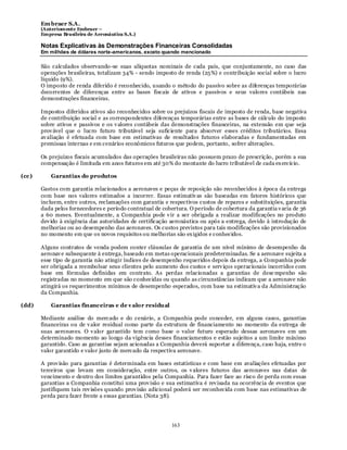 Em braer S.A.
       (Anteriomente Embraer –
       Empresa Brasileira de Aeronáutica S.A.)

       Notas Explicativas às Demonstrações Financeiras Consolidadas
       Em milhões de dólares norte-americanos, exceto quando mencionado

       São calculados observando -se suas alíquotas nominais de cada país, que conjuntamente, no caso das
       operações brasileiras, totalizam 34% - sendo imposto de renda (25%) e contribuição social sobre o lucro
       líquido (9%).
       O imposto de renda diferido é reconhecido, usando o método do passivo sobre as diferenças temporárias
       decorrentes de diferenças entre as bases fiscais de ativos e passivos e seus valores contábeis nas
       demonstrações financeiras.

       Impostos diferidos ativos são reconhecidos sobre os prejuízos fiscais de imposto de renda, base negativa
       de contribuição social e as correspondentes diferenças temporárias entre as bases de cálculo do imposto
       sobre ativos e passivos e os v alores contábeis das demonstrações financeiras, na extensão em que seja
       prov ável que o lucro futuro tributável seja suficiente para absorver esses créditos tributários. Essa
       av aliação é efetuada com base em estimativas de resultados futuros elaboradas e fundamentadas em
       premissas internas e em cenários econômicos futuros que podem, portanto, sofrer alterações.

       Os prejuízos fiscais acumulados das operações brasileiras não possuem prazo de prescrição, porém a sua
       compensação é limitada em anos futuros em até 30% do montante do lucro tributável de cada ex ercício.

(cc)       Garantias do produtos

       Gastos com garantia relacionados a aeronaves e peças de reposição são reconhecidos à época da entrega
       com base nos valores estimados a incorrer. Essas estimativ as são baseadas em fatores históricos que
       incluem, entre outros, reclamações com garantia e respectivos custos de reparos e substituições, garantia
       dada pelos fornecedores e período contratual de cobertura. O período de cobertura da garantia v aria de 36
       a 60 meses. Eventualmente, a Companhia pode v ir a ser obrigada a realizar modificações no produto
       dev ido à exigência das autoridades de certificação aeronáutica ou após a entrega, devido à introdução de
       melhorias ou ao desempenho das aeronaves. Os custos previstos para tais modificações são provisionados
       no momento em que os novos requisitos ou melhorias são ex igidos e conhecidos.

       Alguns contratos de venda podem conter cláusulas de garantia de um nível mínimo de desempenho da
       aeronav e subsequente à entrega, baseado em metas operacionais predeterminadas. Se a aeronave sujeita a
       esse tipo de garantia não atingir índices de desempenho requeridos depois da entrega, a Companhia pode
       ser obrigada a reembolsar seus clientes pelo aumento dos custos e serv iços operacionais incorridos com
       base em fórmulas definidas em contrato. As perdas relacionadas a garantias de dese mpenho são
       registradas no momento em que são conhecidas ou quando as circunstâncias indicam que a aeronave não
       atingirá os requerimentos mínimos de desempenho esperados, com base na estimativ a da Administração
       da Companhia.

(dd)       Garantias financeiras e de v alor residual

       Mediante análise do mercado e do cenário, a Companhia pode conceder, em alguns casos, garantias
       financeiras ou de v alor residual como parte da estrutura de financiamento no momento da entrega de
       suas aeronaves. O v alor garantido tem como base o valor futuro esperado dessas aeronaves em um
       determinado momento ao longo da vigência desses financiamentos e estão sujeitos a um limite máximo
       garantido. Caso as garantias sejam acionadas a Companhia deverá suportar a diferença, caso haja, entre o
       valor garantido e valor justo de mercado da respectiva aeronave.

       A prov isão para garantias é determinada em bases estatísticas e com base em avaliações efetuadas por
       terceiros que levam em consideração, entre outros, os v alores futuros das aeronaves nas datas de
       vencimento e dentro dos limites garantidos pela Companhia. Para fazer face ao risco de perda com essas
       garantias a Companhia constitui uma prov isão e sua estimativa é rev isada na ocorrência de eventos que
       justifiquem tais rev isões quando prov isão adicional poderá ser reconhecida com base nas estimativas de
       perda para fazer frente a essas garantias. (Nota 38).




                                                           163
 